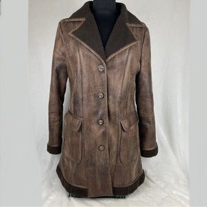 Spanner Jacket Brown Distressed Long Coat Women’s Size Small S Warm Fleece Lined